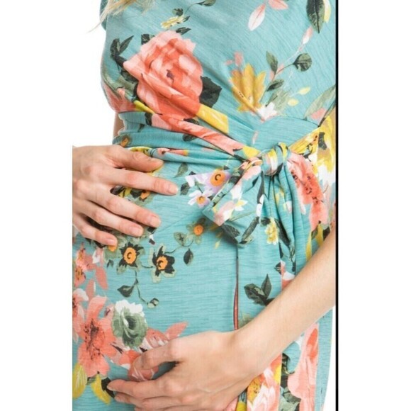 MyBump Maternity Wendy Mint Floral Bow Tie Midi Dress Size Small - Picture 8 of 10